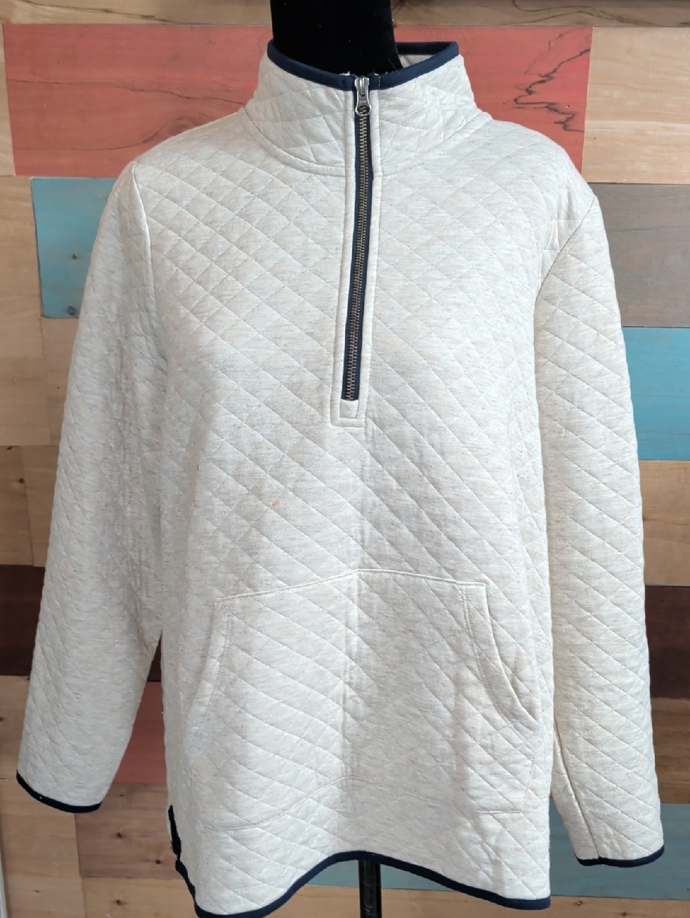 Market & Spruce Cream Quilted Half-Zip Sweater with Navy Trim
